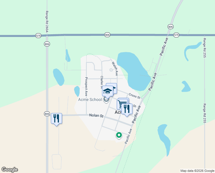 map of restaurants, bars, coffee shops, grocery stores, and more near 318 Clarke Street in Acme
