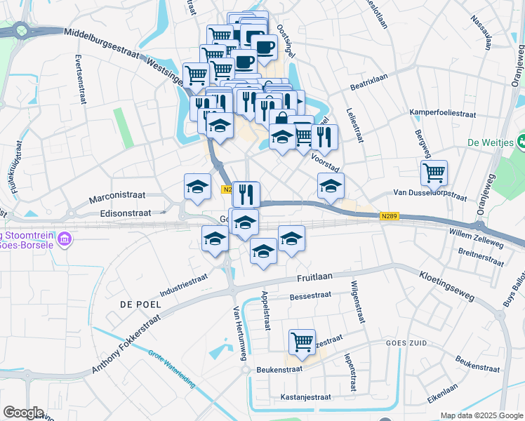 map of restaurants, bars, coffee shops, grocery stores, and more near 21 Stationsplein in Goes