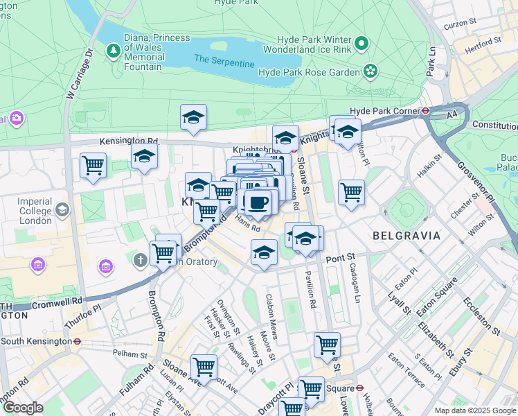 map of restaurants, bars, coffee shops, grocery stores, and more near 87 Brompton Road in Greater London