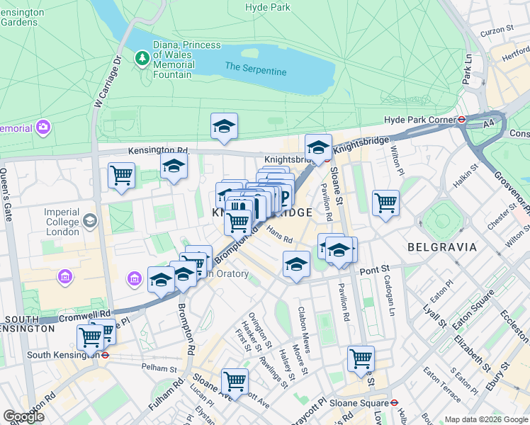 map of restaurants, bars, coffee shops, grocery stores, and more near 100 Brompton Road in Greater London