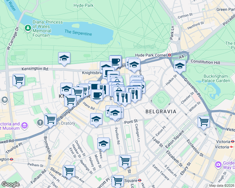 map of restaurants, bars, coffee shops, grocery stores, and more near 183 Sloane Street in Greater London