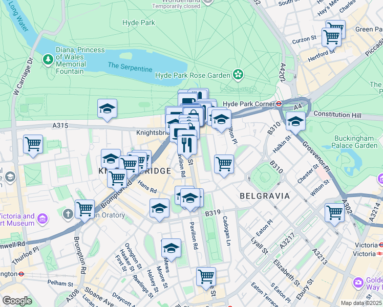 map of restaurants, bars, coffee shops, grocery stores, and more near 193 Sloane Street in Greater London