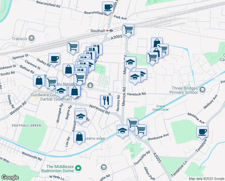 map of restaurants, bars, coffee shops, grocery stores, and more near 1 Havelock Road in Greater London