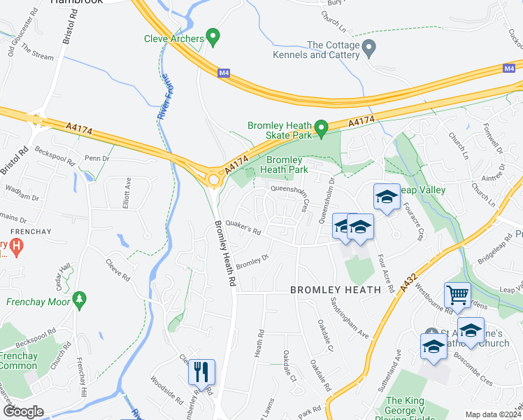 map of restaurants, bars, coffee shops, grocery stores, and more near 23 Queensholm Crescent in South Gloucestershire