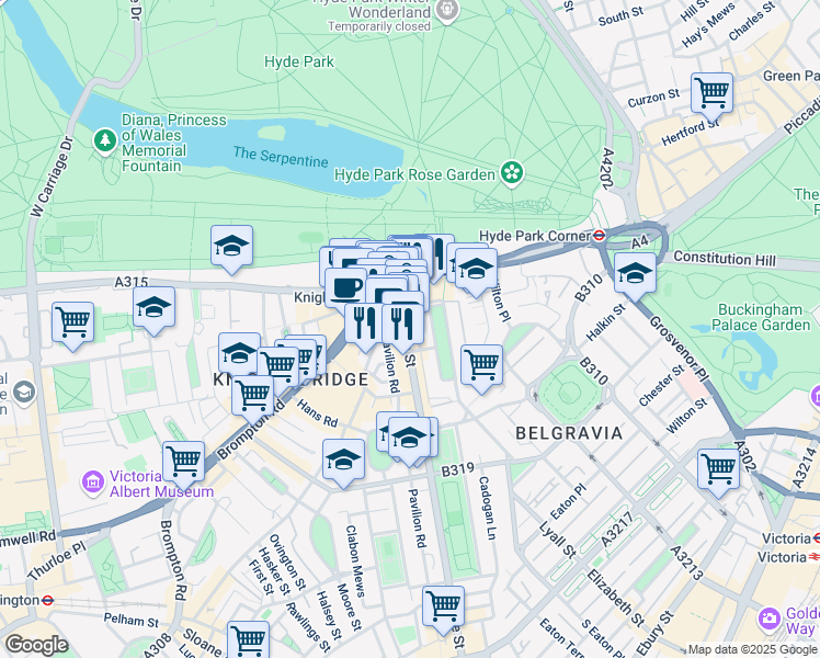 map of restaurants, bars, coffee shops, grocery stores, and more near 198 Sloane Street in Greater London