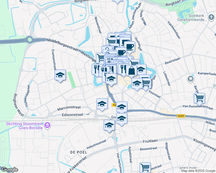 map of restaurants, bars, coffee shops, grocery stores, and more near 3A Piet Heinstraat in Goes