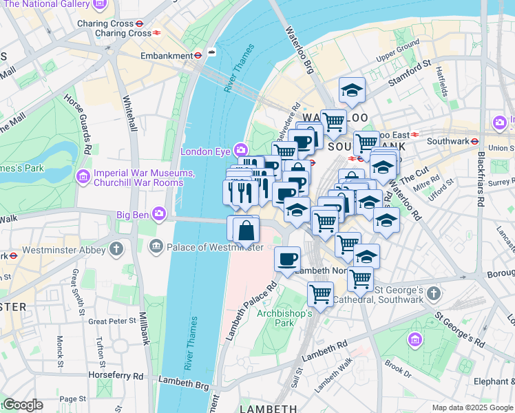map of restaurants, bars, coffee shops, grocery stores, and more near 1 Belvedere Road in Greater London