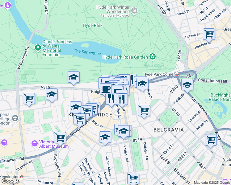 map of restaurants, bars, coffee shops, grocery stores, and more near 33 Brompton Road in Greater London