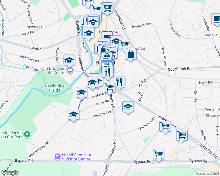 map of restaurants, bars, coffee shops, grocery stores, and more near A473 in Bridgend