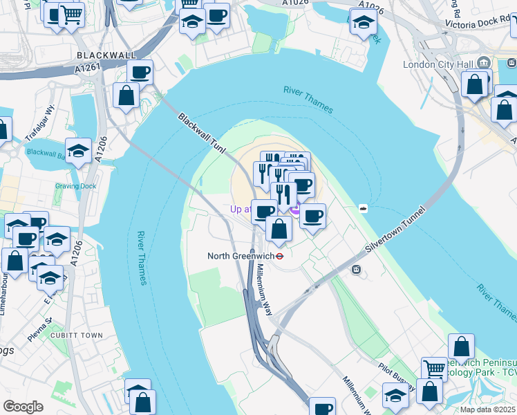 map of restaurants, bars, coffee shops, grocery stores, and more near 3 Peninsula Square in Greater London