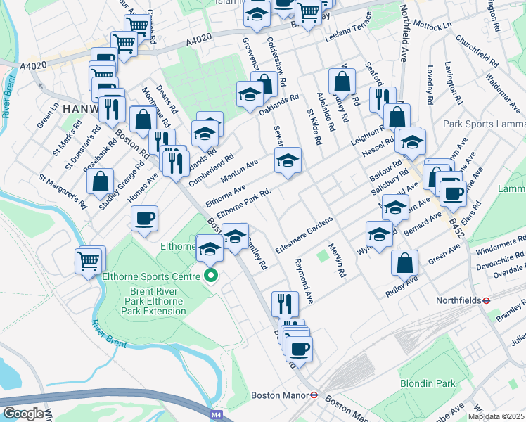 map of restaurants, bars, coffee shops, grocery stores, and more near Whitehall Road in London