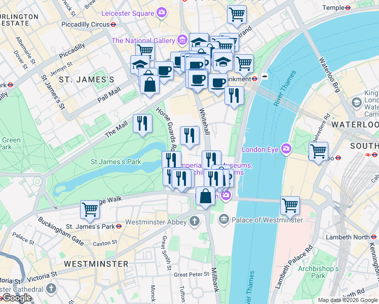 map of restaurants, bars, coffee shops, grocery stores, and more near 10 Downing Street in Greater London