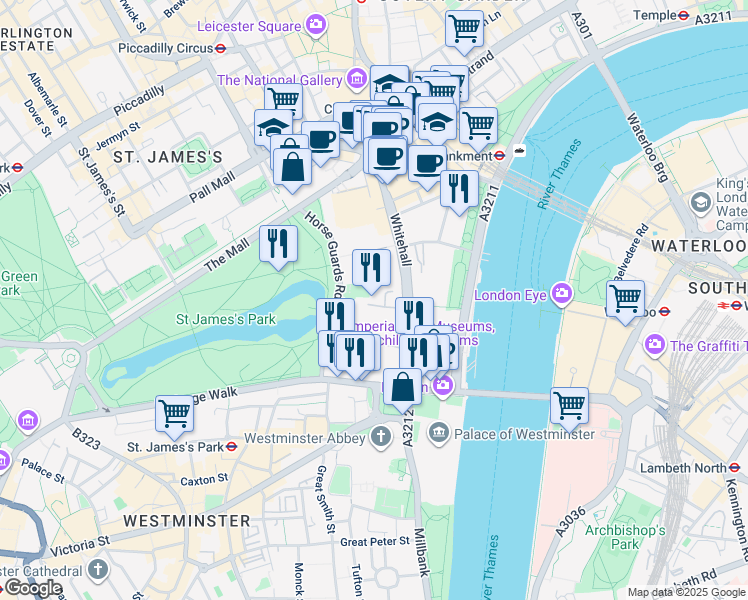 map of restaurants, bars, coffee shops, grocery stores, and more near 10 Downing Street in London
