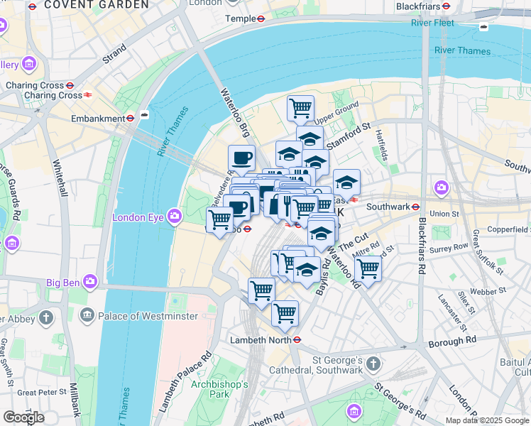 map of restaurants, bars, coffee shops, grocery stores, and more near Waterloo Station in Greater London
