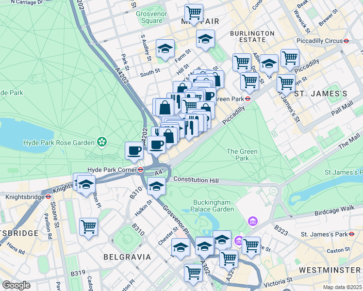 map of restaurants, bars, coffee shops, grocery stores, and more near 4 Old Park Lane in Greater London