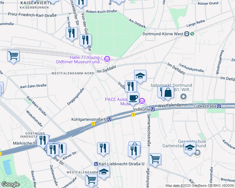 map of restaurants, bars, coffee shops, grocery stores, and more near 37 Voßkuhle in Dortmund