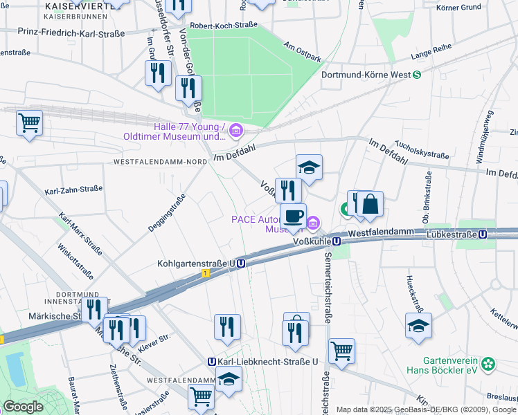 map of restaurants, bars, coffee shops, grocery stores, and more near 37 Voßkuhle in Dortmund