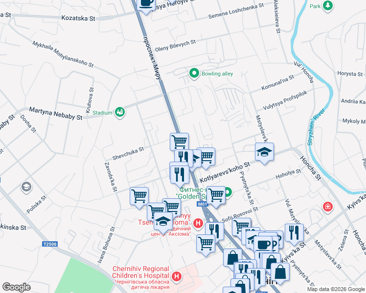 map of restaurants, bars, coffee shops, grocery stores, and more near Myru Avenue in Chernihiv