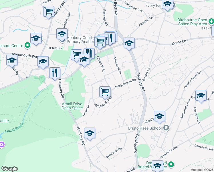 map of restaurants, bars, coffee shops, grocery stores, and more near 12 Satchfield Crescent in Bristol City
