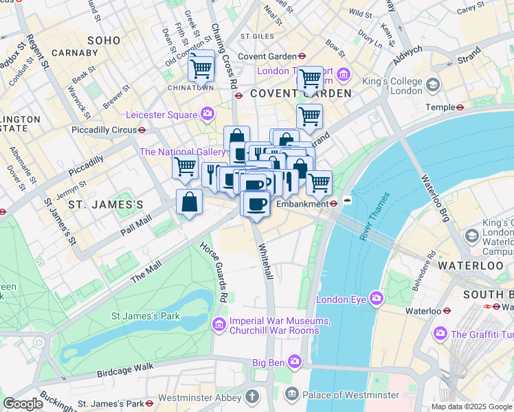 map of restaurants, bars, coffee shops, grocery stores, and more near 1 Northumberland Avenue in Greater London