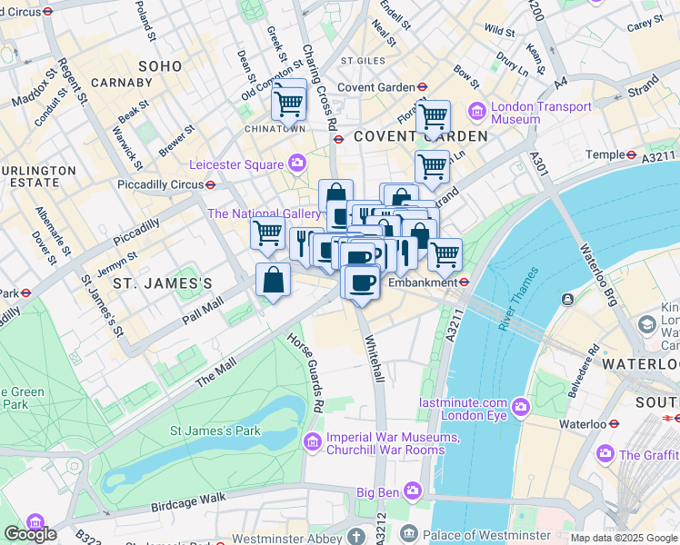 map of restaurants, bars, coffee shops, grocery stores, and more near Trafalgar Square in Greater London