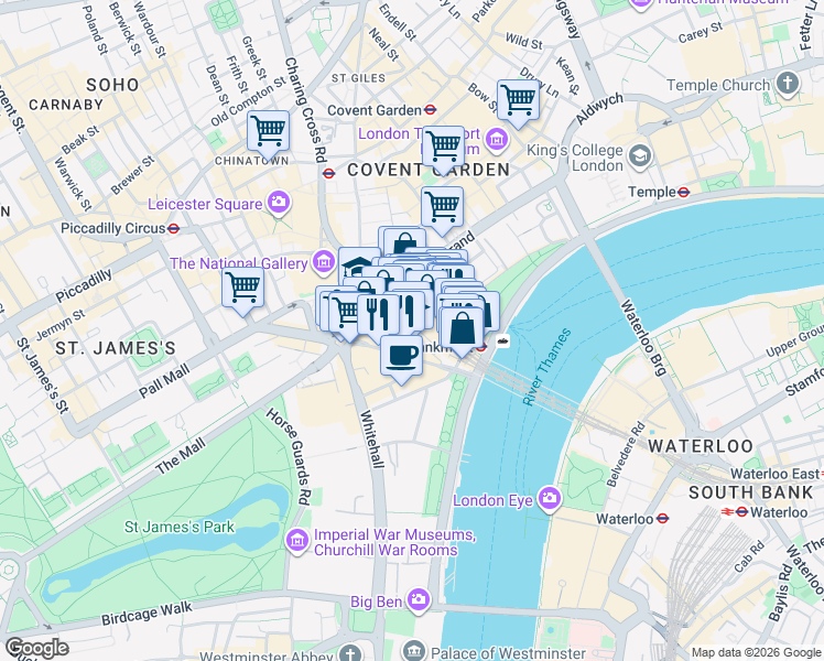 map of restaurants, bars, coffee shops, grocery stores, and more near in Greater London