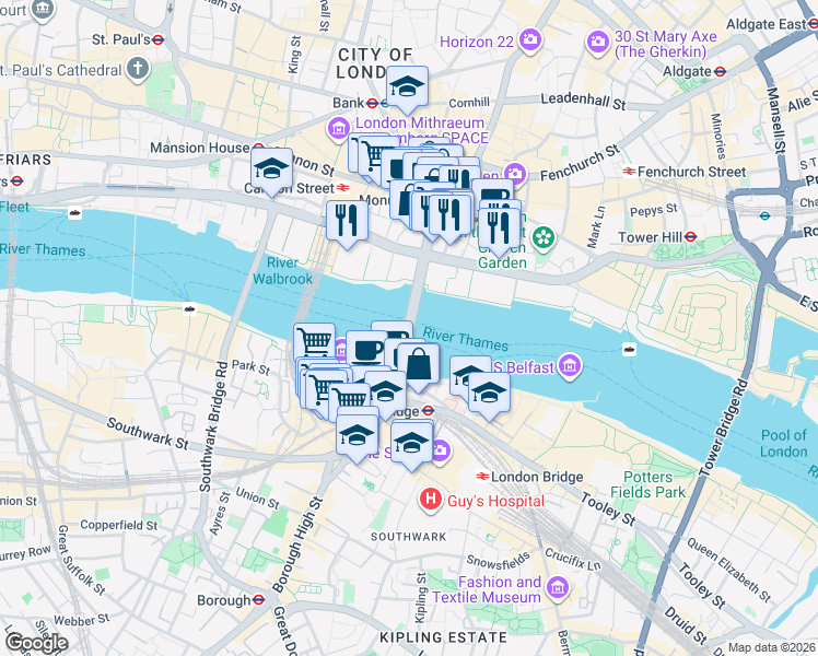 map of restaurants, bars, coffee shops, grocery stores, and more near in Greater London