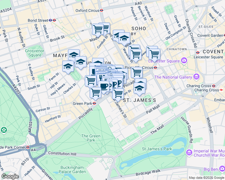 map of restaurants, bars, coffee shops, grocery stores, and more near 46-50 Old Bond Street in Greater London
