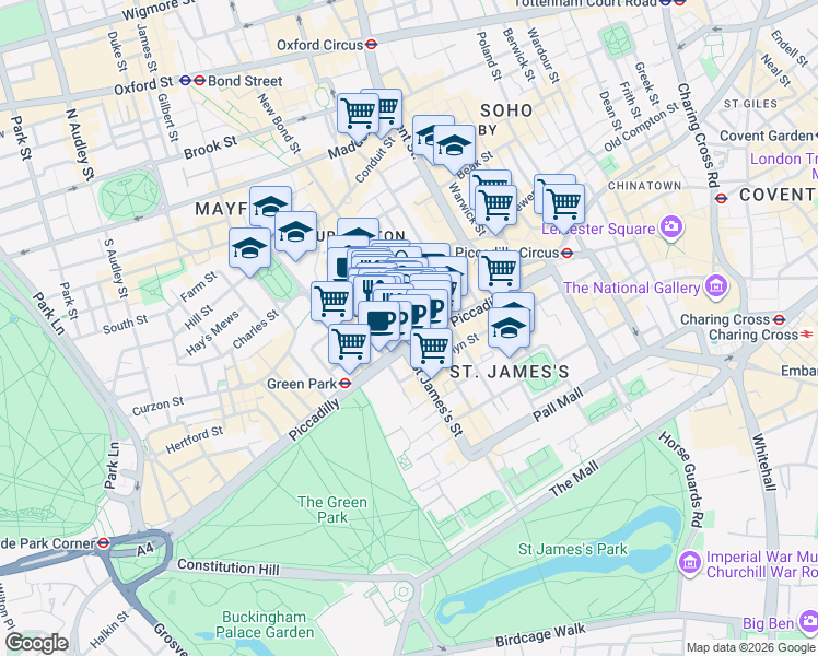 map of restaurants, bars, coffee shops, grocery stores, and more near 45 Old Bond Street in Greater London