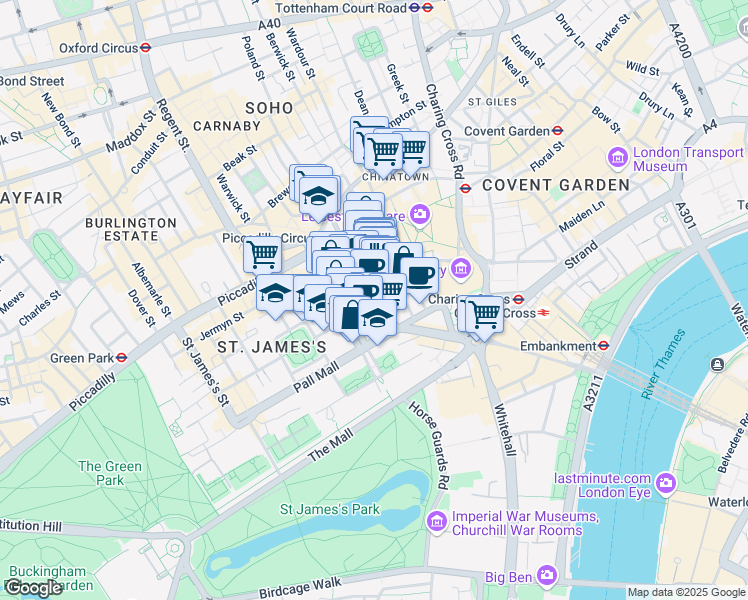 map of restaurants, bars, coffee shops, grocery stores, and more near 71 Haymarket in London