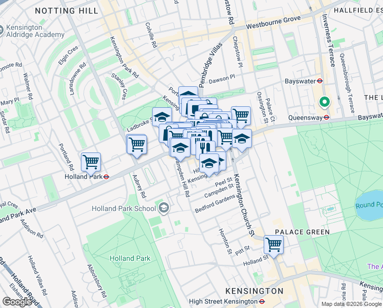 map of restaurants, bars, coffee shops, grocery stores, and more near 115 Notting Hill Gate in London