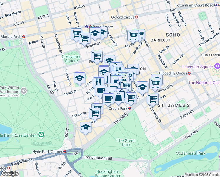map of restaurants, bars, coffee shops, grocery stores, and more near Berkeley Square in Greater London