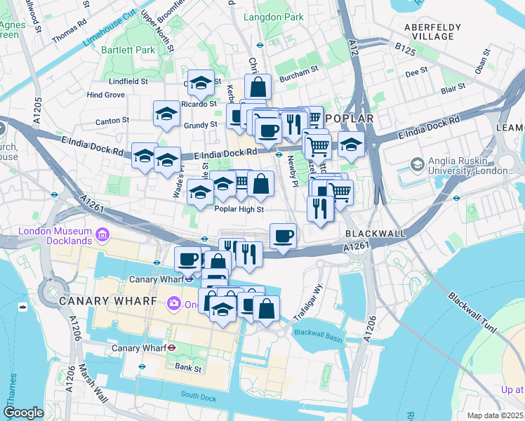 map of restaurants, bars, coffee shops, grocery stores, and more near Poplar High Street in Greater London