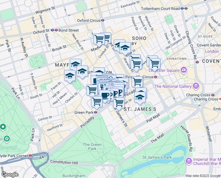 map of restaurants, bars, coffee shops, grocery stores, and more near 16 Old Bond Street in Greater London