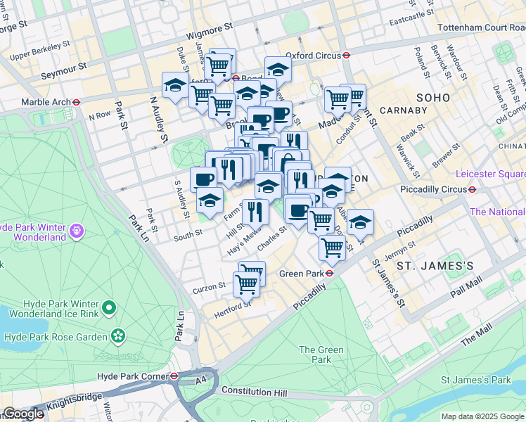 map of restaurants, bars, coffee shops, grocery stores, and more near Berkeley Square in Greater London