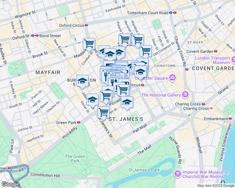 map of restaurants, bars, coffee shops, grocery stores, and more near 7-9 Swallow Street in Greater London
