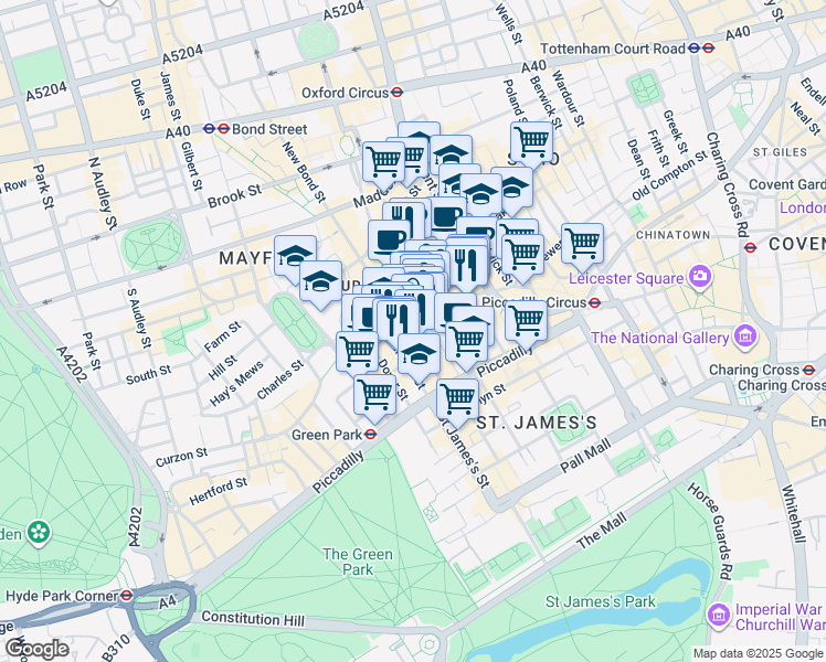 map of restaurants, bars, coffee shops, grocery stores, and more near 27 Old Bond Street in Greater London