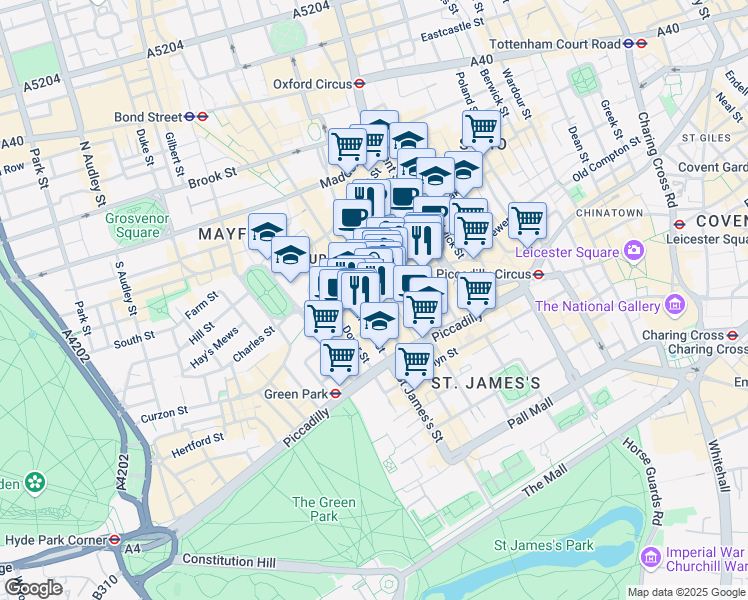 map of restaurants, bars, coffee shops, grocery stores, and more near 27 Old Bond Street in Greater London