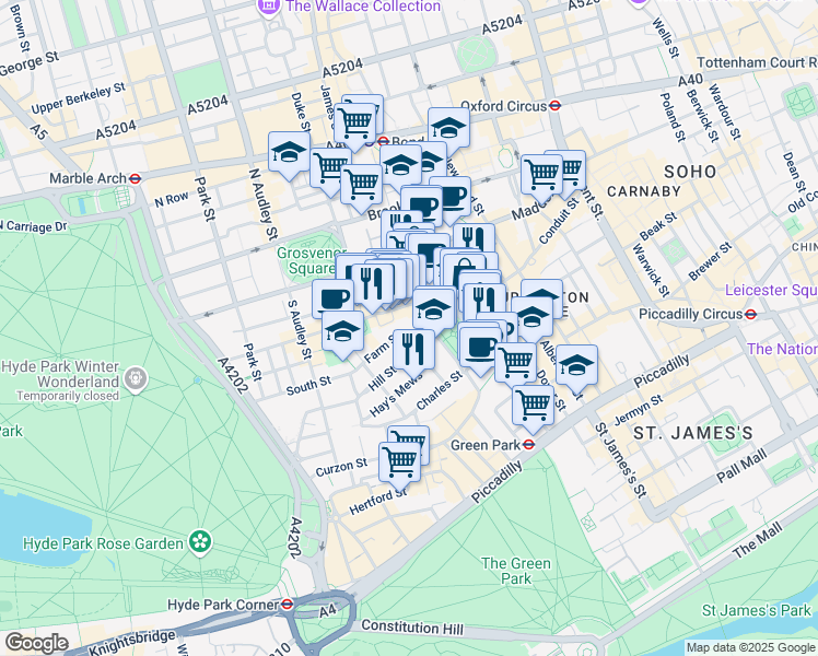 map of restaurants, bars, coffee shops, grocery stores, and more near Berkeley Square in Greater London