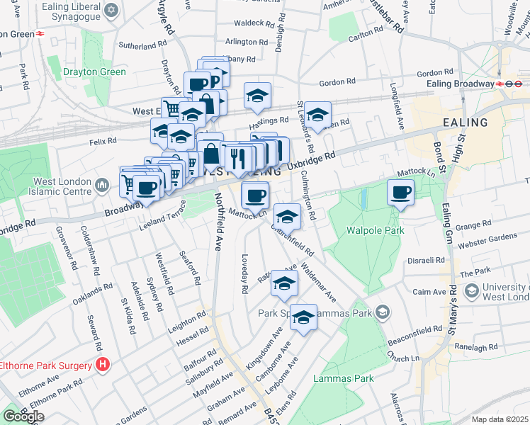 map of restaurants, bars, coffee shops, grocery stores, and more near Mattock Lane in Greater London
