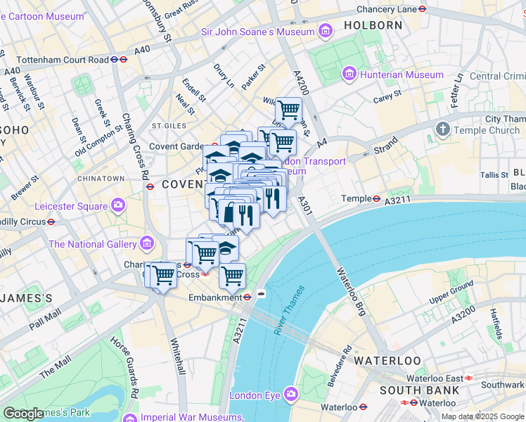 map of restaurants, bars, coffee shops, grocery stores, and more near in Greater London