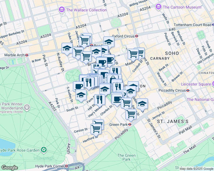 map of restaurants, bars, coffee shops, grocery stores, and more near 25 Berkeley Square in Greater London