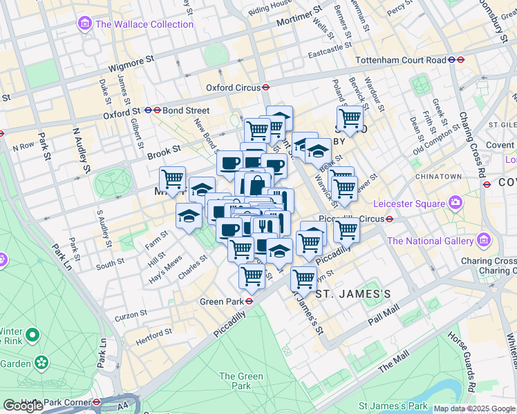 map of restaurants, bars, coffee shops, grocery stores, and more near 14 Clifford Street in Greater London