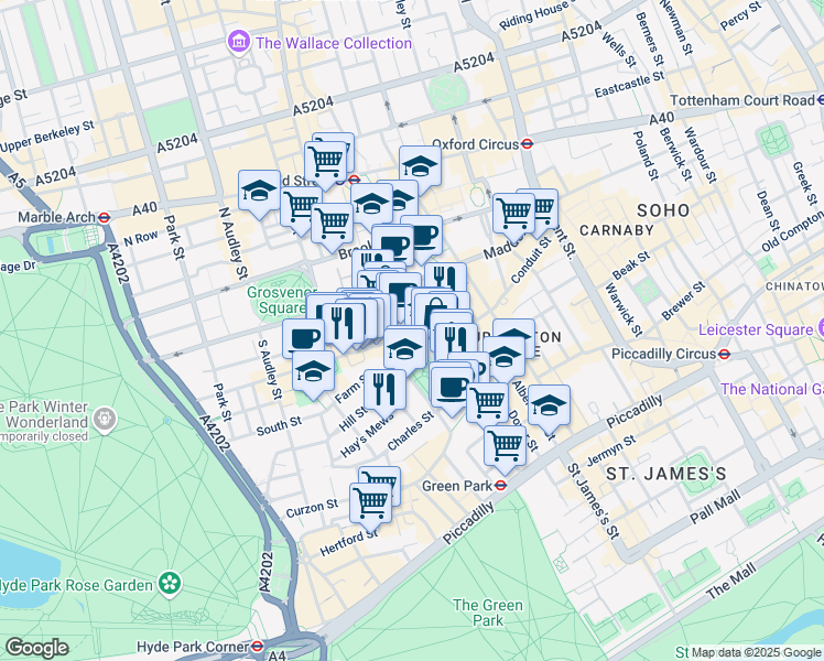 map of restaurants, bars, coffee shops, grocery stores, and more near 25 Berkeley Square in Greater London