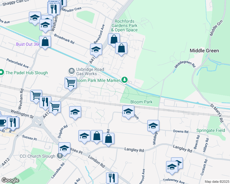 map of restaurants, bars, coffee shops, grocery stores, and more near Goodman Park in Slough