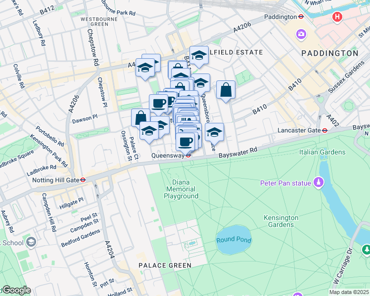map of restaurants, bars, coffee shops, grocery stores, and more near in Greater London