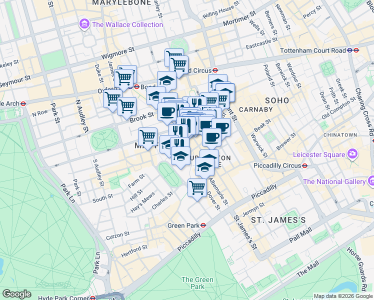 map of restaurants, bars, coffee shops, grocery stores, and more near 33 Bruton Street in Greater London