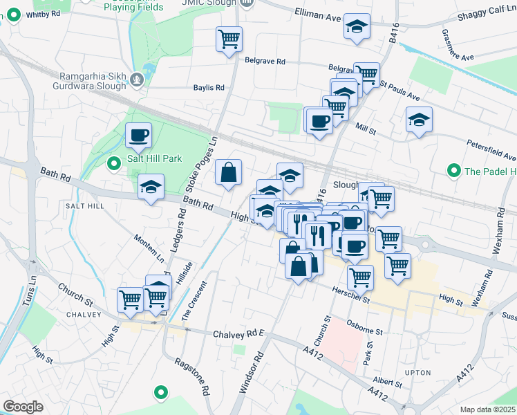 map of restaurants, bars, coffee shops, grocery stores, and more near High Street in Slough