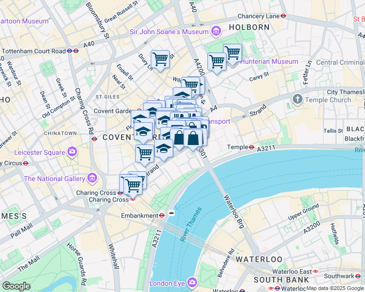 map of restaurants, bars, coffee shops, grocery stores, and more near 363 Strand in London