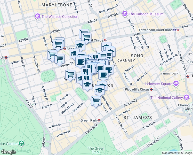 map of restaurants, bars, coffee shops, grocery stores, and more near 24 New Bond Street in Greater London
